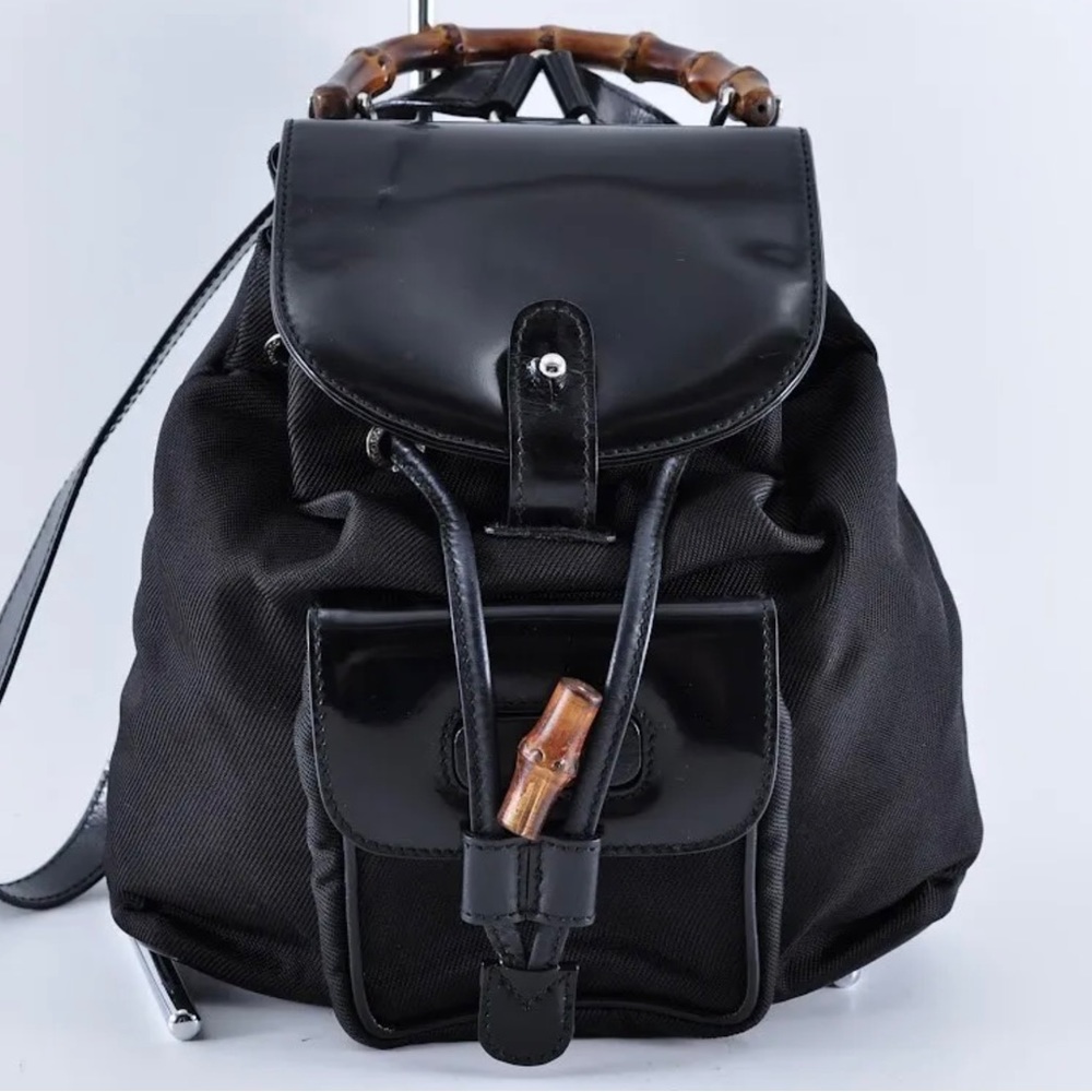 Like New Gucci Black Bamboo Handle Mini Backpack Patent Leather and Canvas